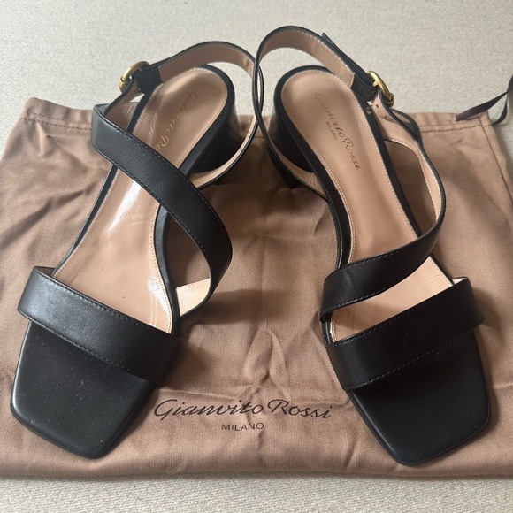Gianvito Rossi Black Leather Open Toe Block Heel Slingback Sandals - Picture 2 of 5